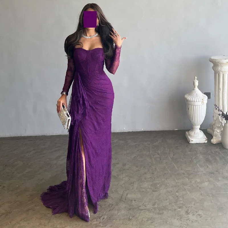 Elegant Purple Lace Long Sleeve Evening Dress SF075 Tunics Luxurious high-end