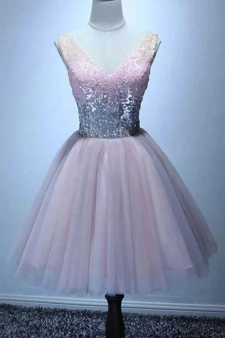 Cute Bling Sequins Short Tulle Party Dress V Neck Pink Lace up Homecoming Dresses Tunics Plaid country Cute Bling Sequins Short Tulle Party Dress V Neck Pink Lace up Homecoming Dresses Tunics Plaid country