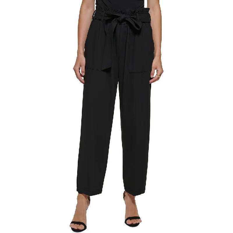 DKNY Womens Petites Belted High Rise Straight Leg Pants Soft Cotton Pants