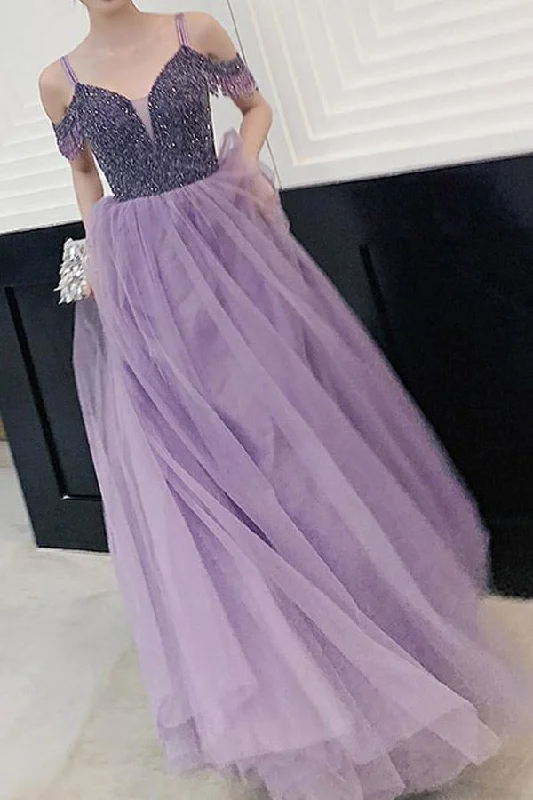 Elegant Cold Shoulder Beaded Lilac Tulle A Line Long Prom Party Dress OK1394 Tunics stripes playful Elegant Cold Shoulder Beaded Lilac Tulle A Line Long Prom Party Dress OK1394 Tunics stripes playful