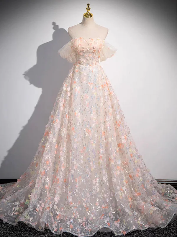 A-Line Off Shoulder Tulle Lace Champagne Long Prom Dress, Champagne Formal Dress Tunics Floral girly A-Line Off Shoulder Tulle Lace Champagne Long Prom Dress, Champagne Formal Dress Tunics Floral girly