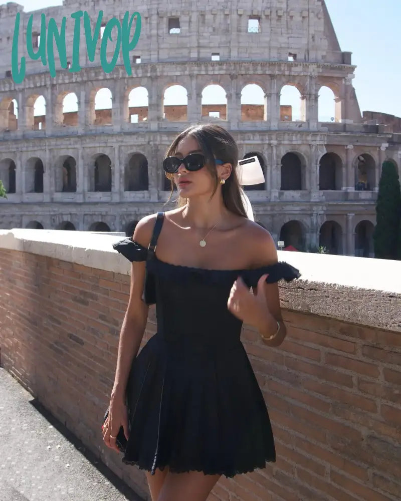 Lunivop Black Square Neck Pleated Dress Mini Lovely Casual A Line Birthday Party Dresses Sexy Women Clothes Off-the-shoulder Bohemian Festive Lunivop Black Square Neck Pleated Dress Mini Lovely Casual A Line Birthday Party Dresses Sexy Women Clothes Off-the-shoulder Bohemian Festive