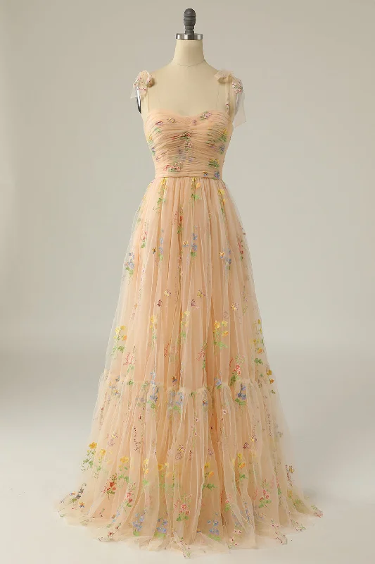 Floral Embroidery Tying Straps Pleated Long Party Dress Tunics Bestseller popular