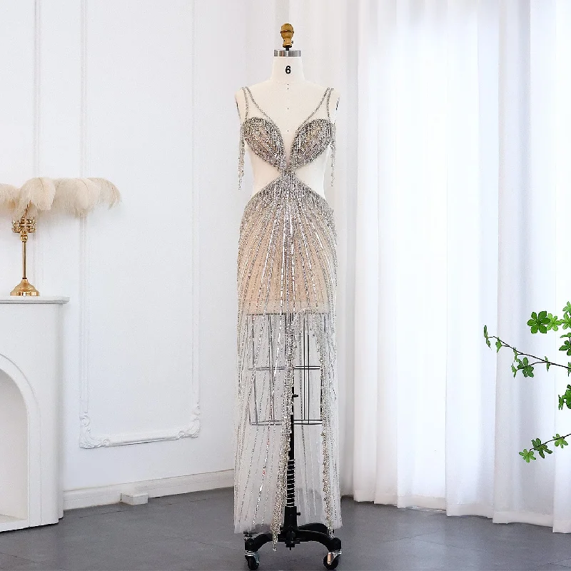 Luxury Crystal Tassel Mermaid Silver Nude Prom Dress SS073 Tunics Designer luxury