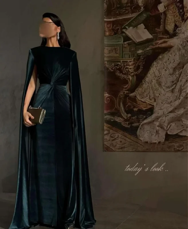 Elegant Dark Blue Velvet Evening Dress with Cape Sleeve SF243 Tunics Trousers formal Elegant Dark Blue Velvet Evening Dress with Cape Sleeve SF243 Tunics Trousers formal