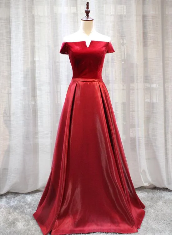 Red Velvet and Satin Long Off Shoulder Formal Dress, Beautiful Prom Dress Tunics Fall fleece Red Velvet and Satin Long Off Shoulder Formal Dress, Beautiful Prom Dress Tunics Fall fleece