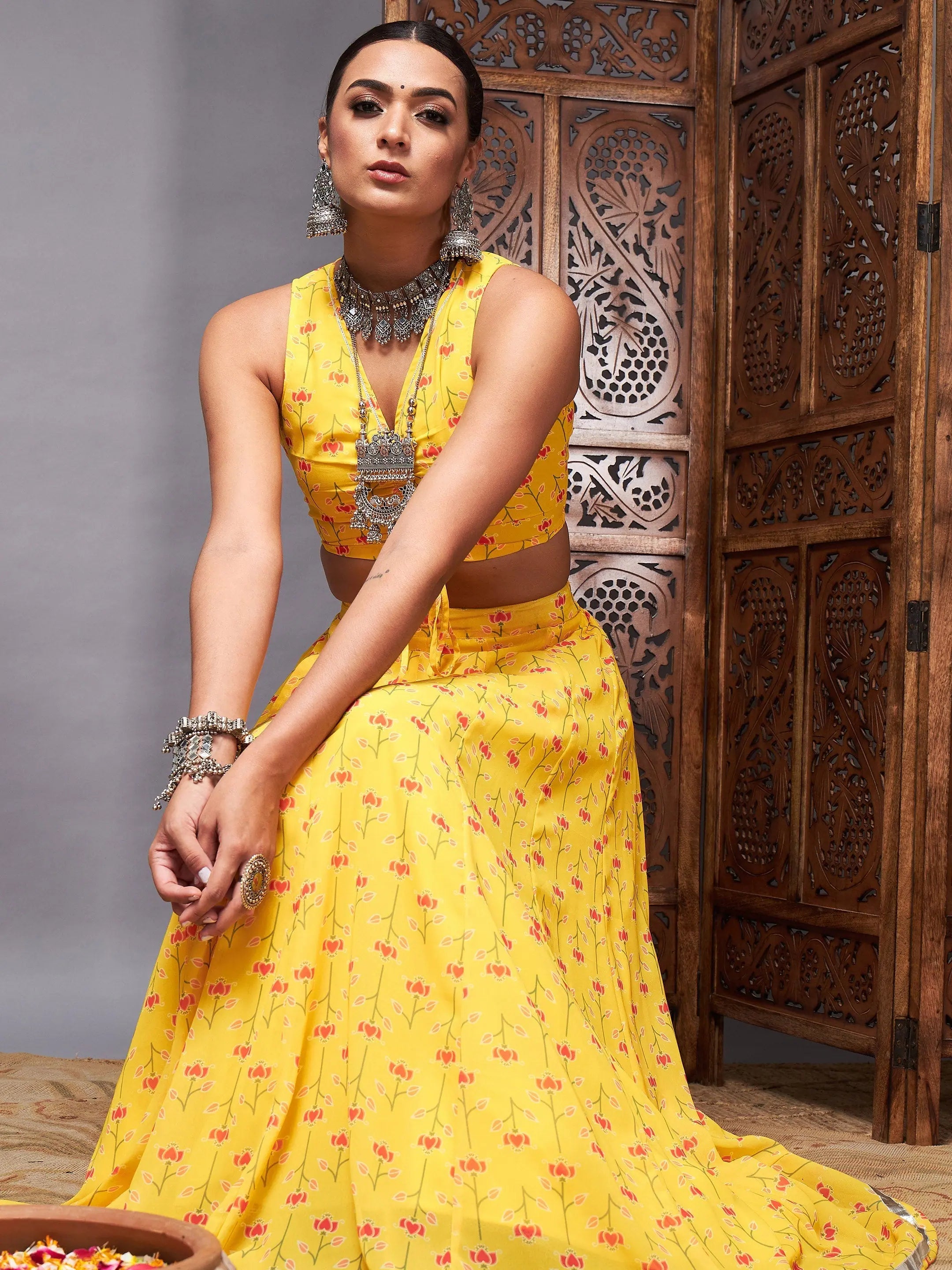 Women Yellow Ruched Crop With Pocket Anarkali Skirt linen skirt airy