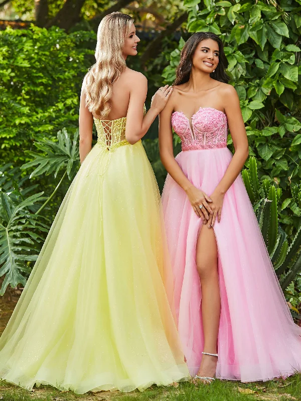 A-Line Strapless Sheer Boned Bodice Tulle Dress with Slit Candy Pink Tunics Silk luxurious A-Line Strapless Sheer Boned Bodice Tulle Dress with Slit Candy Pink Tunics Silk luxurious