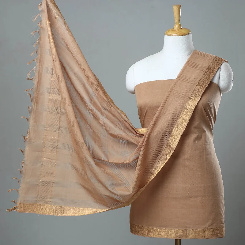 Brown - 3pc Handloom Cotton Mangalagiri Dress Material 04 Tunics Occasion special