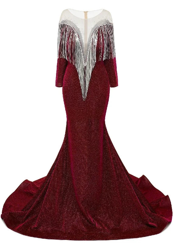 Deep V-neck Shiny Burgundy Prom Dresses Long sleeves Mermaid Evening Party Dresses Lace Sexy Club Deep V-neck Shiny Burgundy Prom Dresses Long sleeves Mermaid Evening Party Dresses Lace Sexy Club