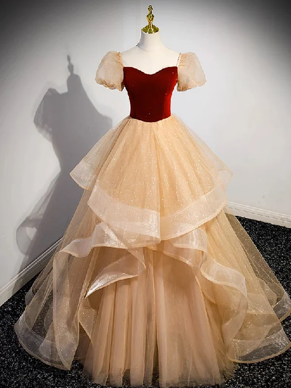 A-Line Tulle Velvet Champagne Long Prom Dress, Champagne Long Formal Dress Casual Short Summer A-Line Tulle Velvet Champagne Long Prom Dress, Champagne Long Formal Dress Casual Short Summer