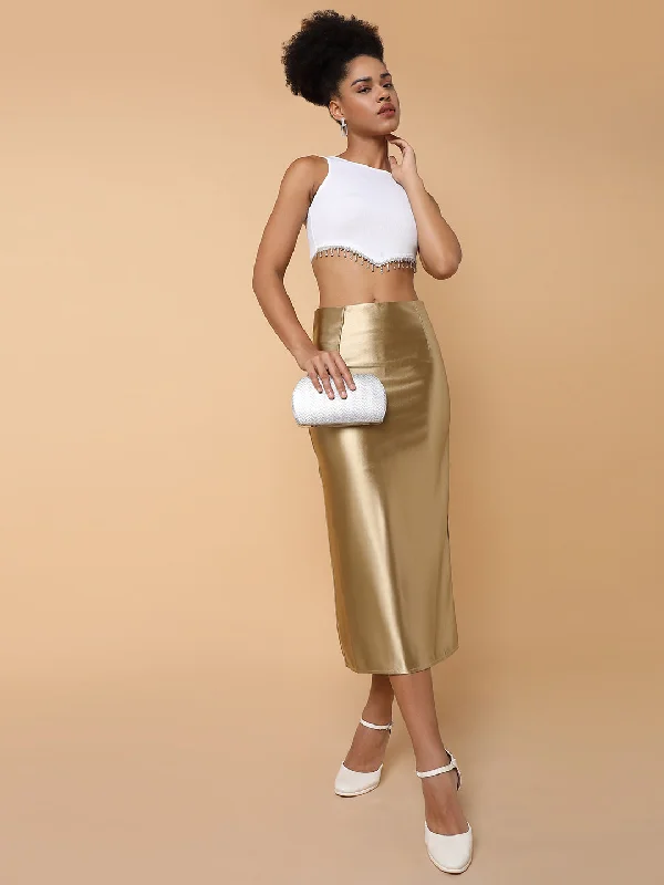 Women Solid Gold A Line Skirt-8869-Gold modal blend skirt
