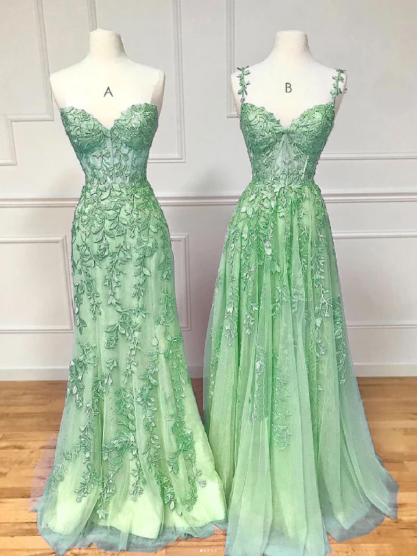 A-Line Tulle Lace Green Long Prom Dress, Green Lace Long Graduation Dress Tunics stripes playful A-Line Tulle Lace Green Long Prom Dress, Green Lace Long Graduation Dress Tunics stripes playful