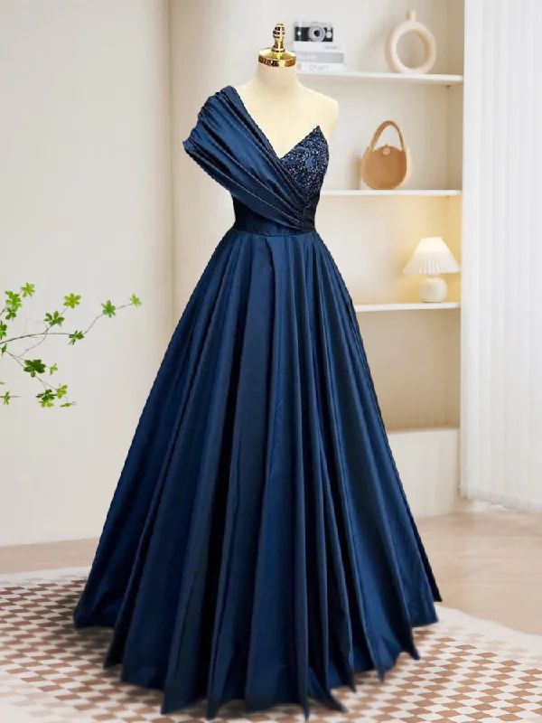 A-Line One Shoulder Satin Beads Dark Blue Long Prom Dress, Blue Long Evening Dress Tunics Velvet soft A-Line One Shoulder Satin Beads Dark Blue Long Prom Dress, Blue Long Evening Dress Tunics Velvet soft
