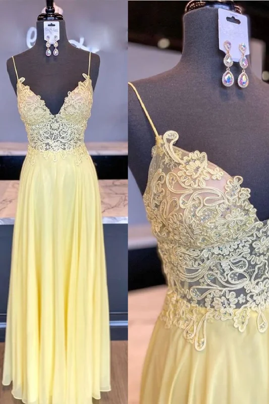 A Line V Neck Yellow Lace Long Prom Dresses, Yellow Lace Formal Dresses, Yellow Party Dresses Tunics Handmade artisanal A Line V Neck Yellow Lace Long Prom Dresses, Yellow Lace Formal Dresses, Yellow Party Dresses Tunics Handmade artisanal