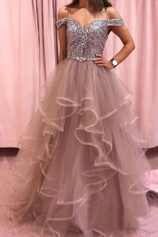 Elegant Rhinestones Layered Off the Shoulder Prom Dresses, Rose Pink Tulle Party Dresses STK15196 Tunics Exclusive limited Elegant Rhinestones Layered Off the Shoulder Prom Dresses, Rose Pink Tulle Party Dresses STK15196 Tunics Exclusive limited