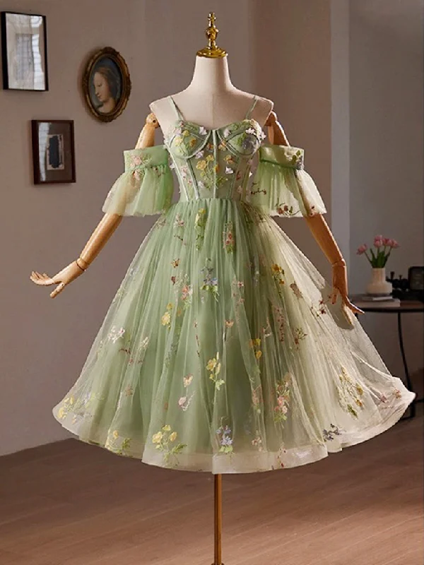 A-Line Off Shoulder Sweetheart Neck Tulle Lace Green Short Prom Dress Turtleneck Neckline Stylish A-Line Off Shoulder Sweetheart Neck Tulle Lace Green Short Prom Dress Turtleneck Neckline Stylish