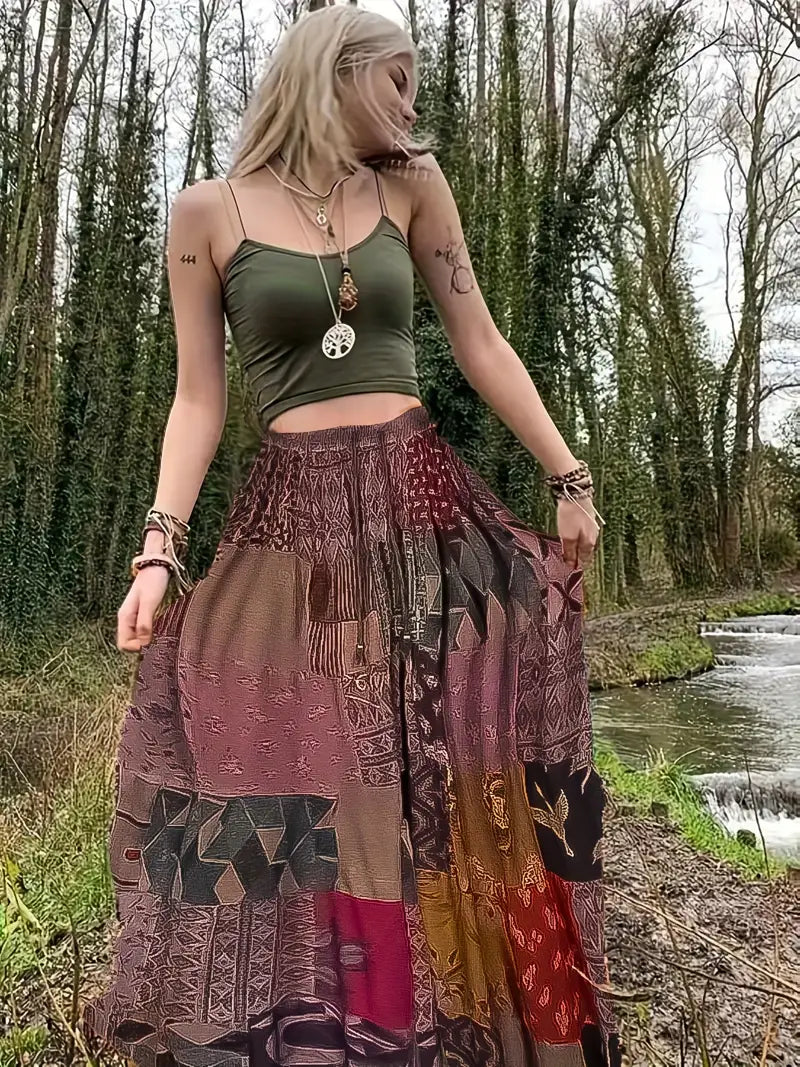 Boho Patchwork Purple Multicolor Maxi Skirt breathable skirt fabric