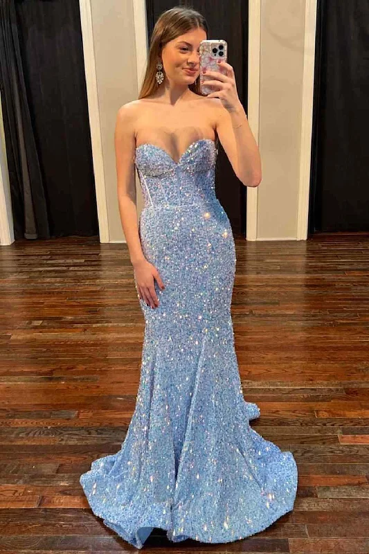 Sparkly Strapless Sweetheart Sequins Mermaid Prom Party Dress Tunics Top rated