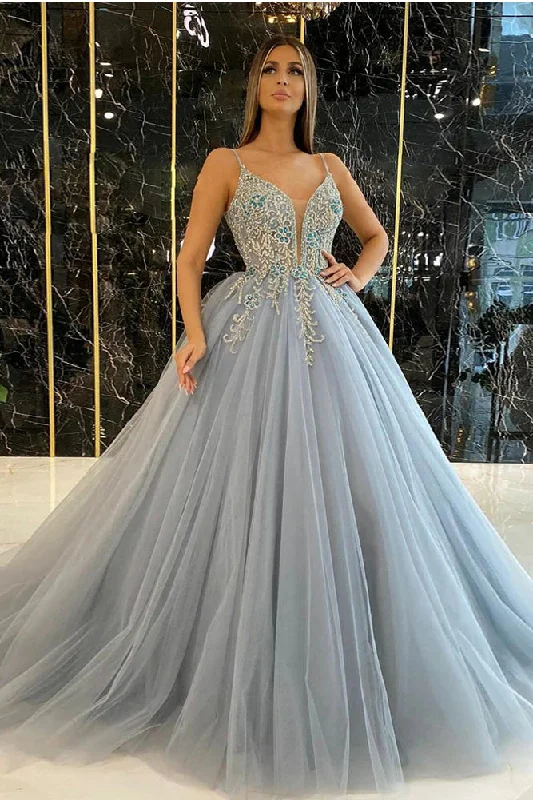 Dusty Blue Ball Gown Prom Dress Long Spaghetti Straps Tulle Crystals Beaded Formal Party Dress OKV97 Shift Classic Vintage Dusty Blue Ball Gown Prom Dress Long Spaghetti Straps Tulle Crystals Beaded Formal Party Dress OKV97 Shift Classic Vintage