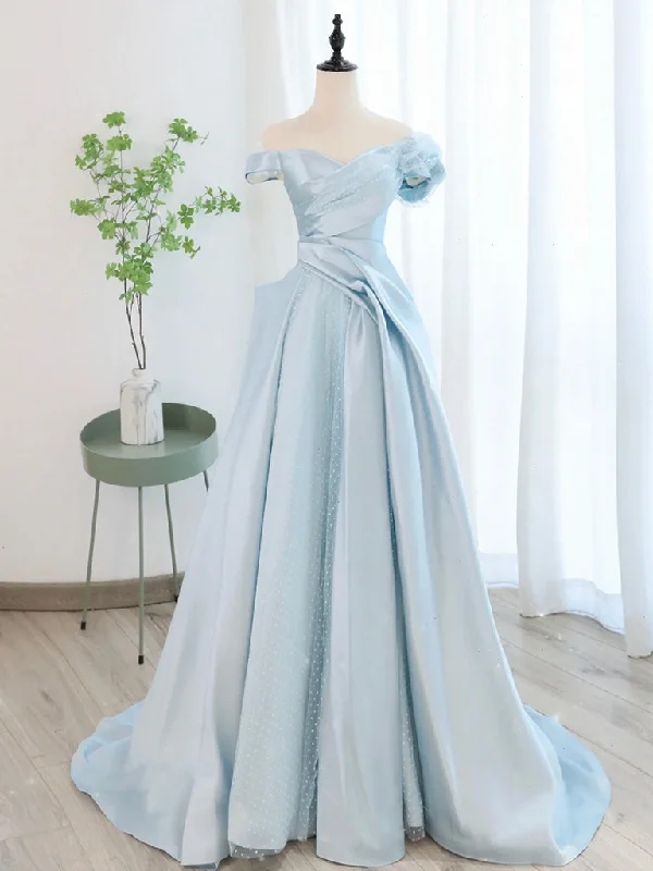 A-Line Off Shoulder Satin Tulle Blue Long Prom Dress, Blue Long Formal Dress Tunics Evening elegant A-Line Off Shoulder Satin Tulle Blue Long Prom Dress, Blue Long Formal Dress Tunics Evening elegant