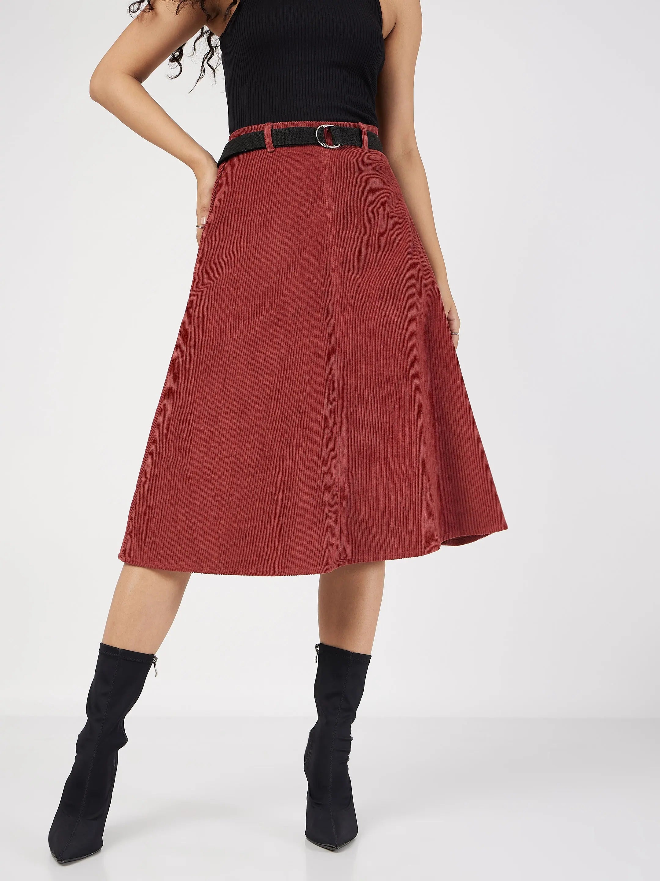 Women Rust Corduroy A-Line Midi Skirt corduroy skirt durable
