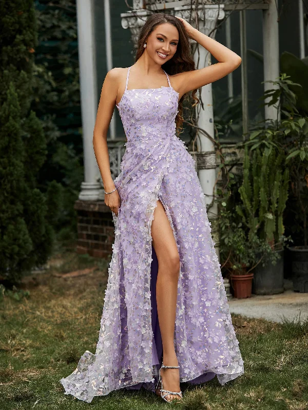 Square Neckline Sweep Train Floral Dress With Slit Lilac empire Waist empire