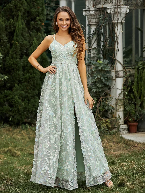 V-neck Appliqued Flowers Dress With Slit Dusty Sage Tunics Floral girly