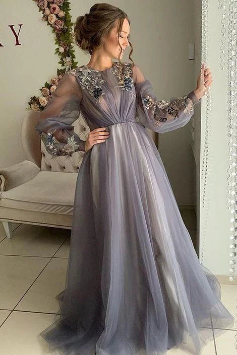 Long Sleeves A-line Tulle Appliques Prom Dress Evening Party Dress OKY85 Tunics Versatile functional Long Sleeves A-line Tulle Appliques Prom Dress Evening Party Dress OKY85 Tunics Versatile functional