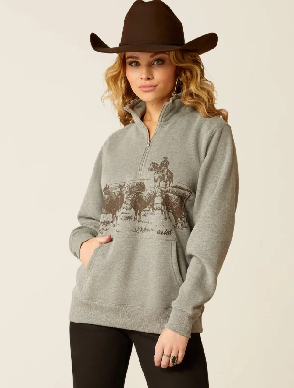 Ariat 1/2 Zip Sweatshirt Heather Grey Hoodie with Hem Detail Decorative Unique