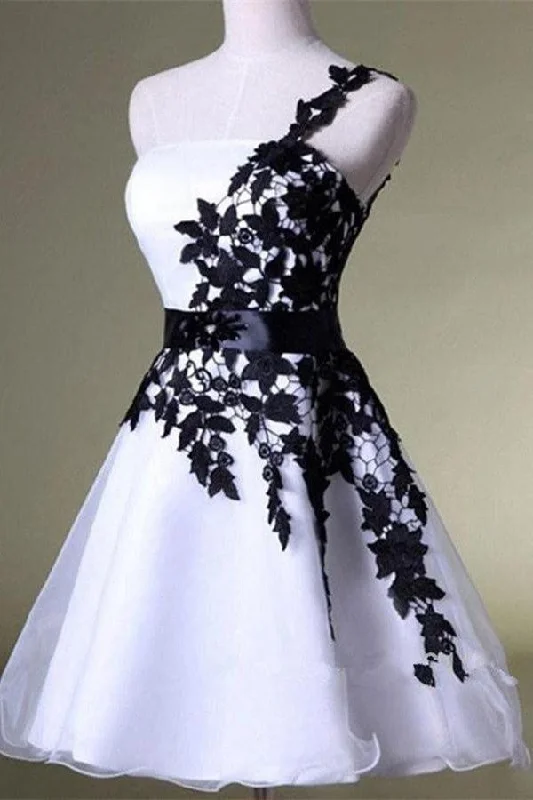 A Line One Shoulder White Homecoming Dress with Black Lace Knee Length Party Dress Tunics Yoga stretchy A Line One Shoulder White Homecoming Dress with Black Lace Knee Length Party Dress Tunics Yoga stretchy