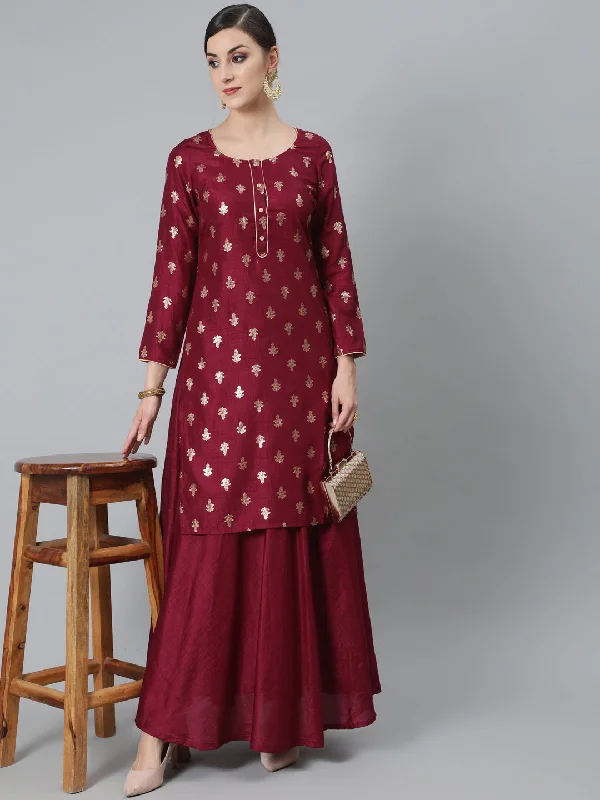 Women's Burgundy Foil Print Kurta With Skirt - Aks wrap skirt elegant