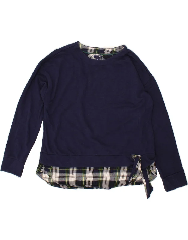 IZOD Womens Sweatshirt Jumper UK 16 Large Navy Blue Check Cotton Hoodie with Belted Waist Structured Tailored