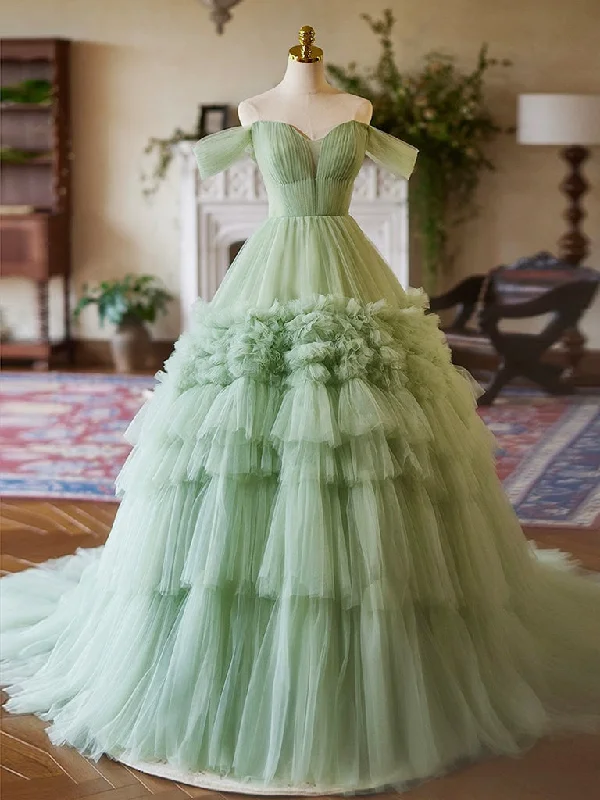 A-Line off Shoulder Tulle Green Long Prom Dress, Green Sweet 16 Dress Tunics Silk luxurious A-Line off Shoulder Tulle Green Long Prom Dress, Green Sweet 16 Dress Tunics Silk luxurious