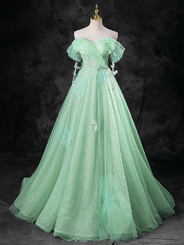 Green A-Line Off Shoulder Tulle Long Prom Dress, Green Long Formal Dress Tunics Versatile all-occasion Green A-Line Off Shoulder Tulle Long Prom Dress, Green Long Formal Dress Tunics Versatile all-occasion