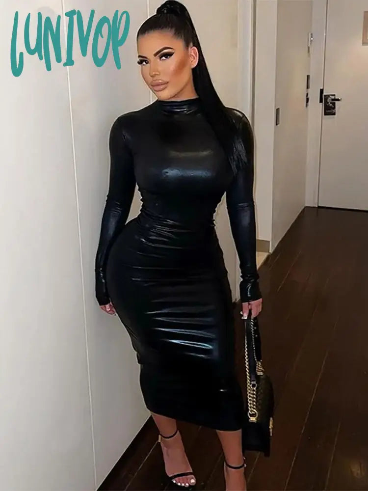 Lunivop Black Dress Sexy Women Turtleneck Long Sleeve Pu Leather Party Dresses Club Elegant Autumn Winter dresses Tunics Yoga stretchy Lunivop Black Dress Sexy Women Turtleneck Long Sleeve Pu Leather Party Dresses Club Elegant Autumn Winter dresses Tunics Yoga stretchy