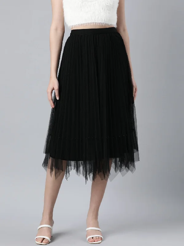 Women Solid Flared Black Midi Skirt-716-Black wool skirt breathable