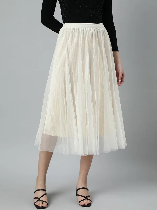 Women Solid Cream Flared Midi Skirt-809-Cream leather skirt durable