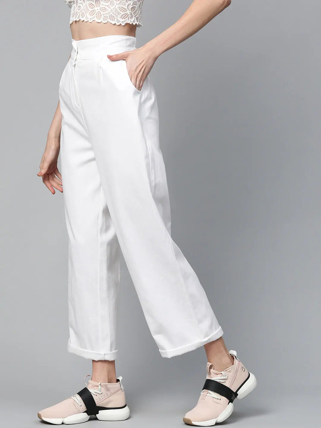 White Twill Wide Leg Pants Fashionable Tapered Leg Pants