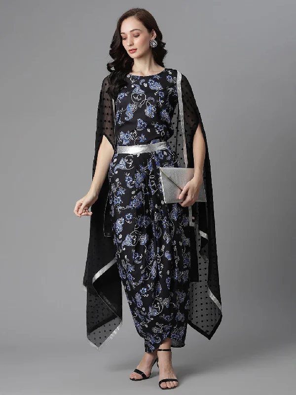 Black Digital Print Top Skirt With Shrug flowy skirt hem