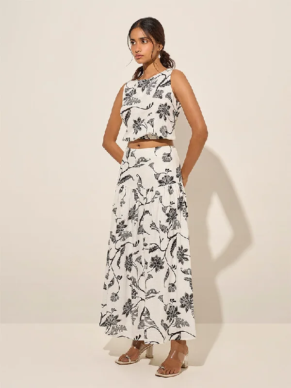 LOV White Floral Design High-Rise Cotton Skirt denim skirt stylish