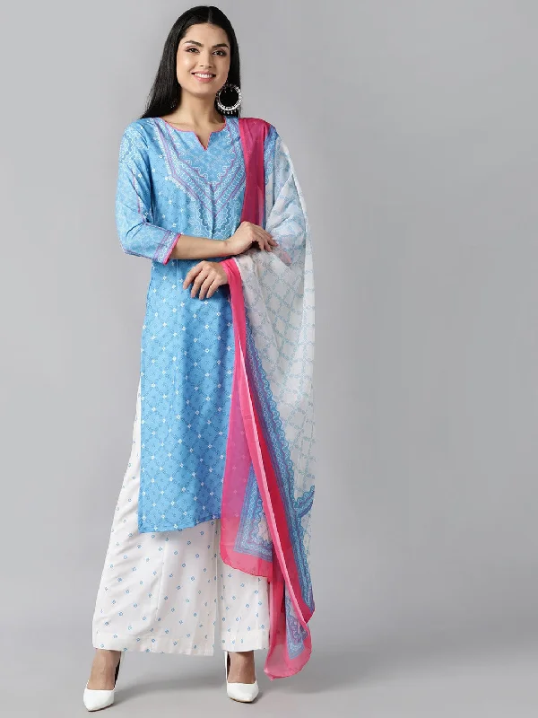 Women's Blue Ethnic Motifs Printed Panelled Kurta With Skirt With Dupatta - Ahika lace skirt romantic