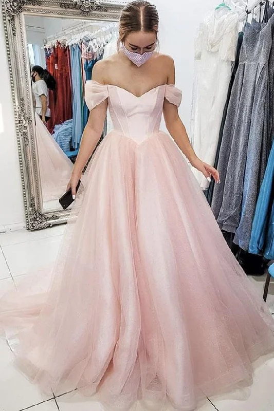 Light Pink Off The Shoulder Long Tulle Prom Evening Dress A Line Simple Party Dress OK1142 Tunics Stylish elegant Light Pink Off The Shoulder Long Tulle Prom Evening Dress A Line Simple Party Dress OK1142 Tunics Stylish elegant