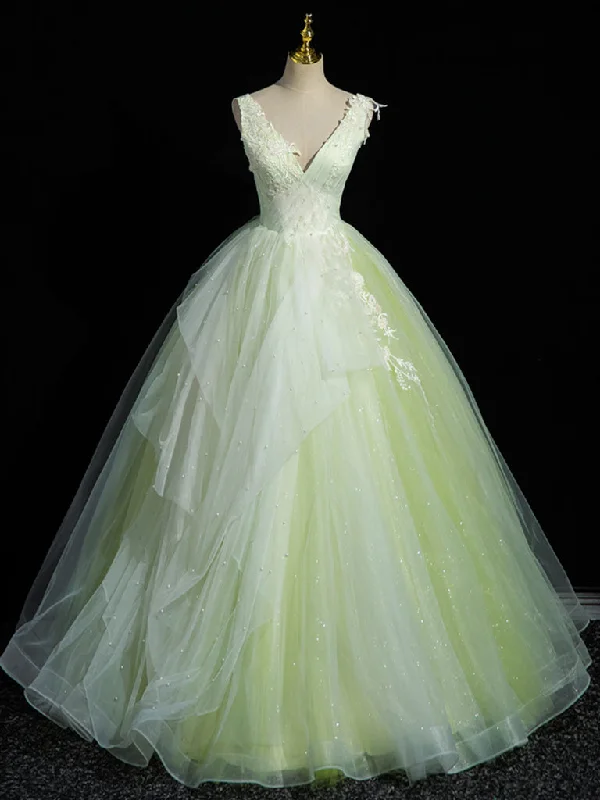 A-Line V Neck Lace Tulle Green Long Prom Dress, Green Sweet 16 Dress Halter Neckline Beach A-Line V Neck Lace Tulle Green Long Prom Dress, Green Sweet 16 Dress Halter Neckline Beach