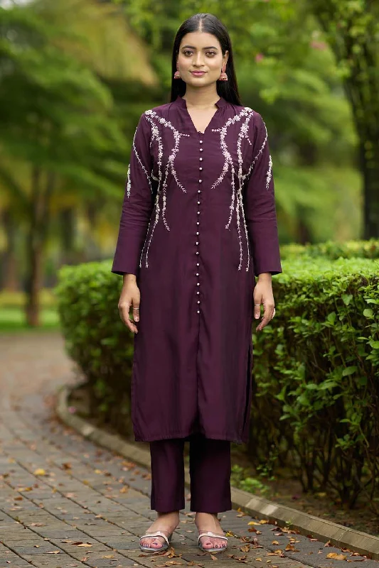 Violet Hand Embroidery Art Silk Straight Cut Kurta Pants Set Cozy Fitted Pants