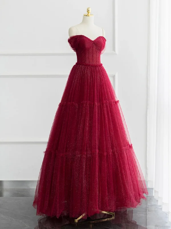 A-line Off Shoulder Tulle Shiny Burgundy Long Prom Dress, Burgundy Long Formal Dress Tunics Solid Classic A-line Off Shoulder Tulle Shiny Burgundy Long Prom Dress, Burgundy Long Formal Dress Tunics Solid Classic