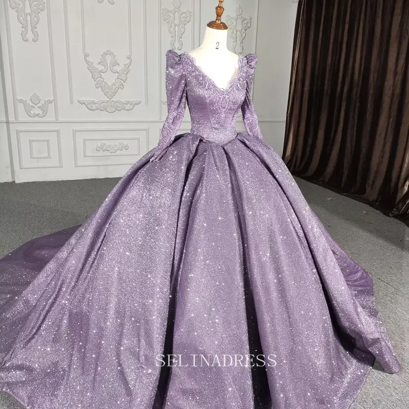 V neck Shiny Purple Ball Gown Evening Party Dress With Long Sleeve DY5622 Turtleneck Warm Winter V neck Shiny Purple Ball Gown Evening Party Dress With Long Sleeve DY5622 Turtleneck Warm Winter