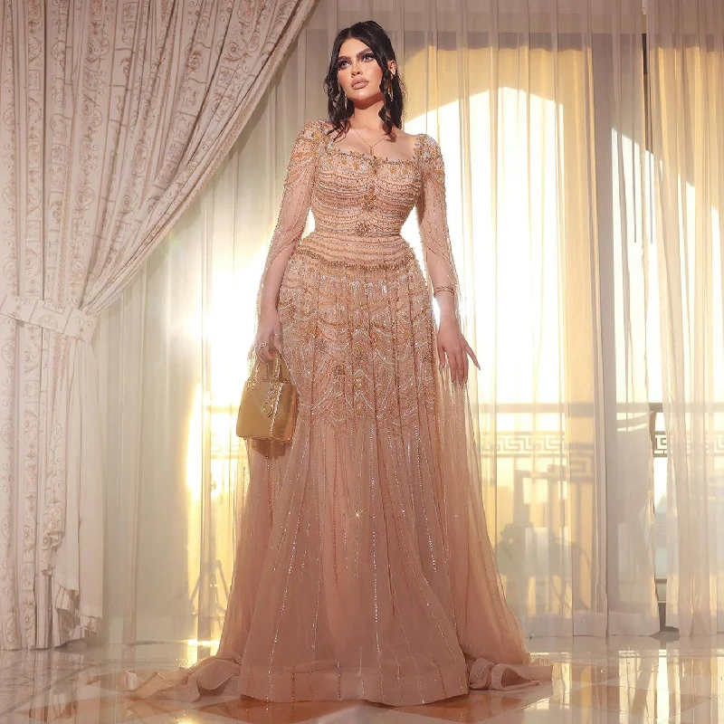 Luxury Beaded Caramel Evening Dress with Cape Sleeve SS591 Tunics Sophisticated sleek Luxury Beaded Caramel Evening Dress with Cape Sleeve SS591 Tunics Sophisticated sleek
