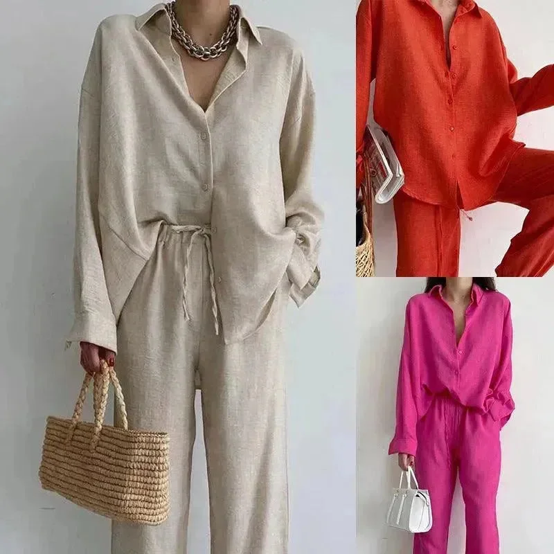 Solid Color Long Sleeve Top Straight Leg Pants Two-piece Set Lightweight Linen Pants Solid Color Long Sleeve Top Straight Leg Pants Two-piece Set Lightweight Linen Pants