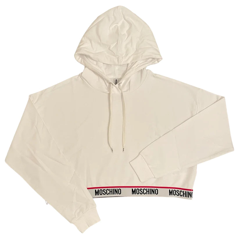 WOMENS MOSCHINO TAPE CROPPED HOODED SWEATSHIRT -WHITE Hoodie with Button Placket Classic Preppy WOMENS MOSCHINO TAPE CROPPED HOODED SWEATSHIRT -WHITE Hoodie with Button Placket Classic Preppy